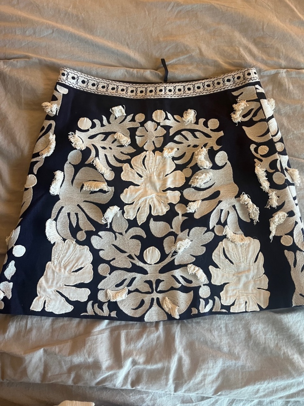 Embroidered Navy and White Floral A-Line Skirt